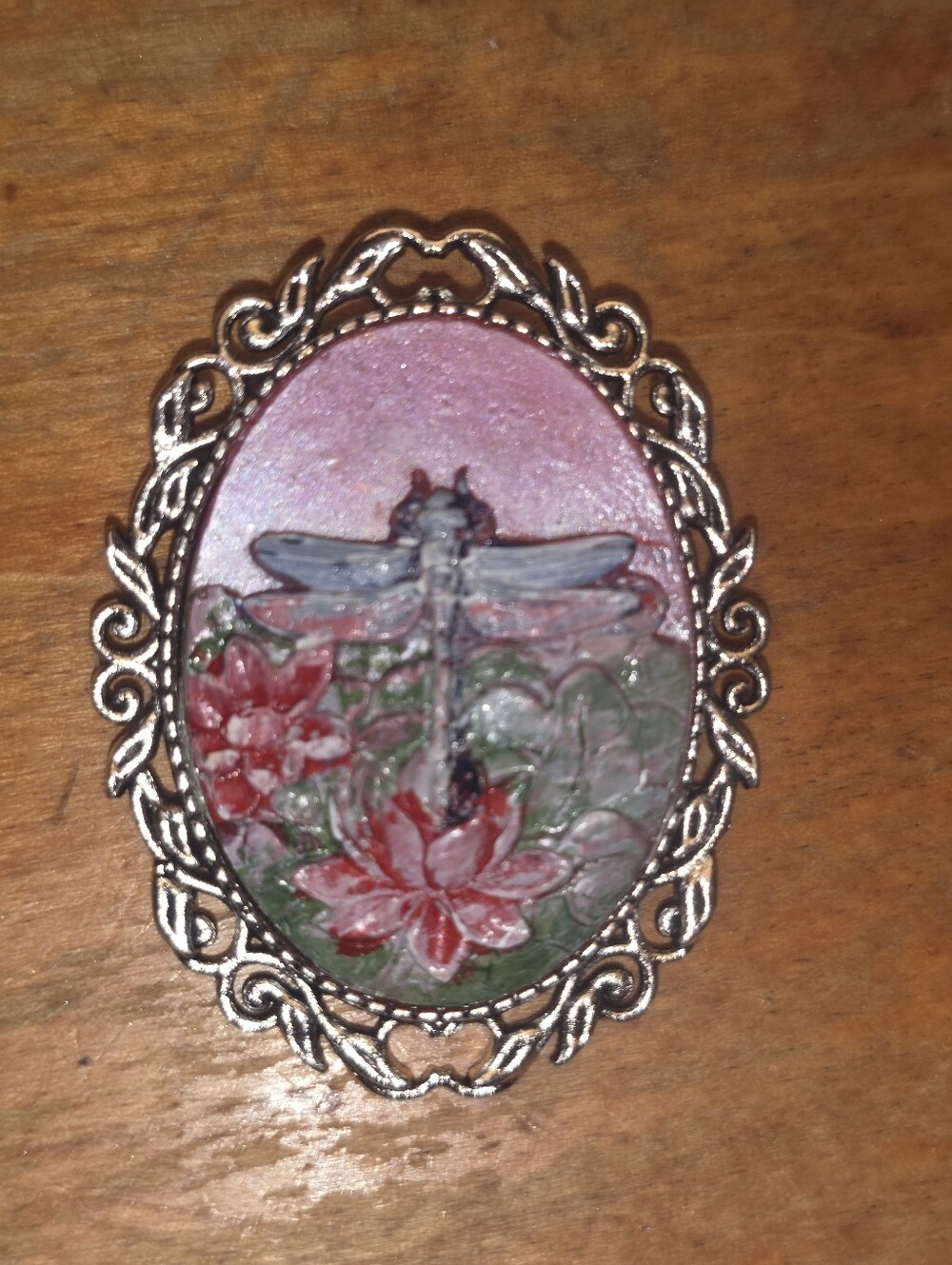 Pink & Red Dragonfly Cameo Brooch In Silver Tone Frame
